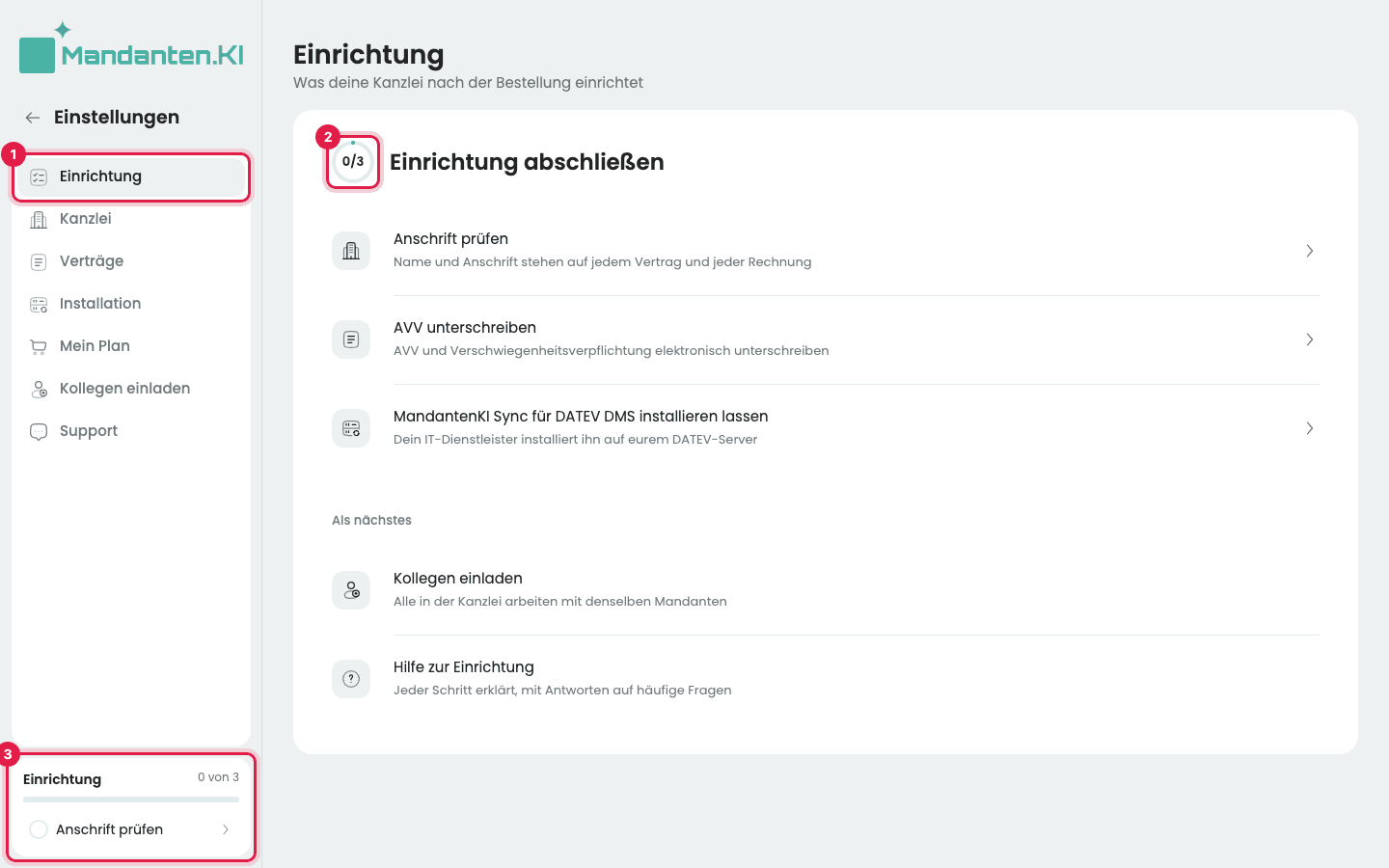 Seite „Einrichtung“ mit dem Menüpunkt (1), dem Ring „0/3“ (2) und der Karte „Einrichtung“ in der Seitenleiste (3); darunter die drei offenen Schritte
