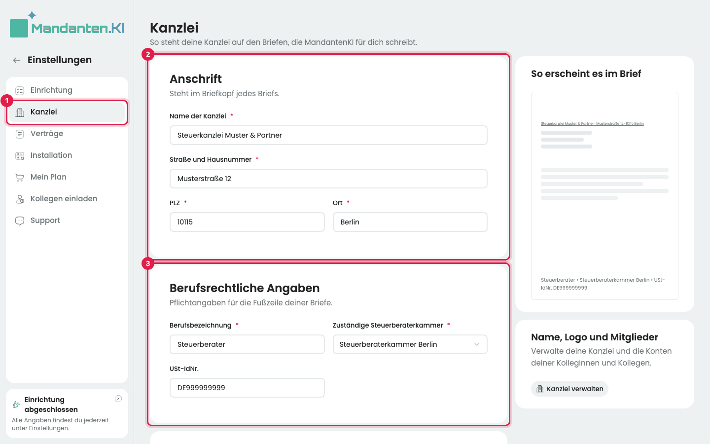 Seite „Kanzlei“ mit dem markierten Menüpunkt (1), den Abschnitten „Anschrift“ (2) und „Berufsrechtliche Angaben“ (3)