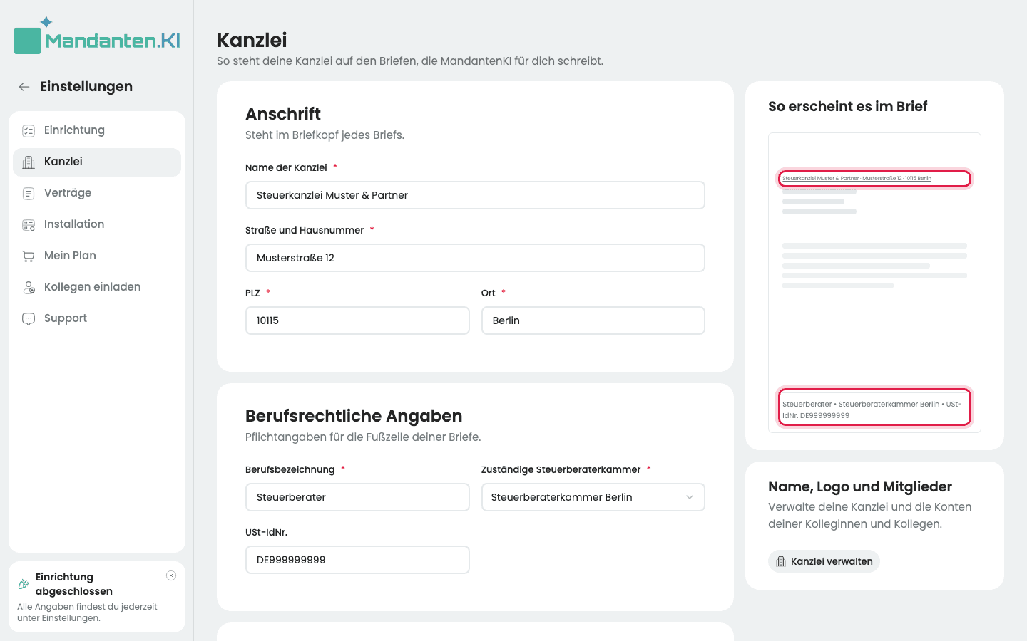 Vorschau „So erscheint es im Brief“ mit der markierten Absenderzeile oben und der markierten Fußzeile unten