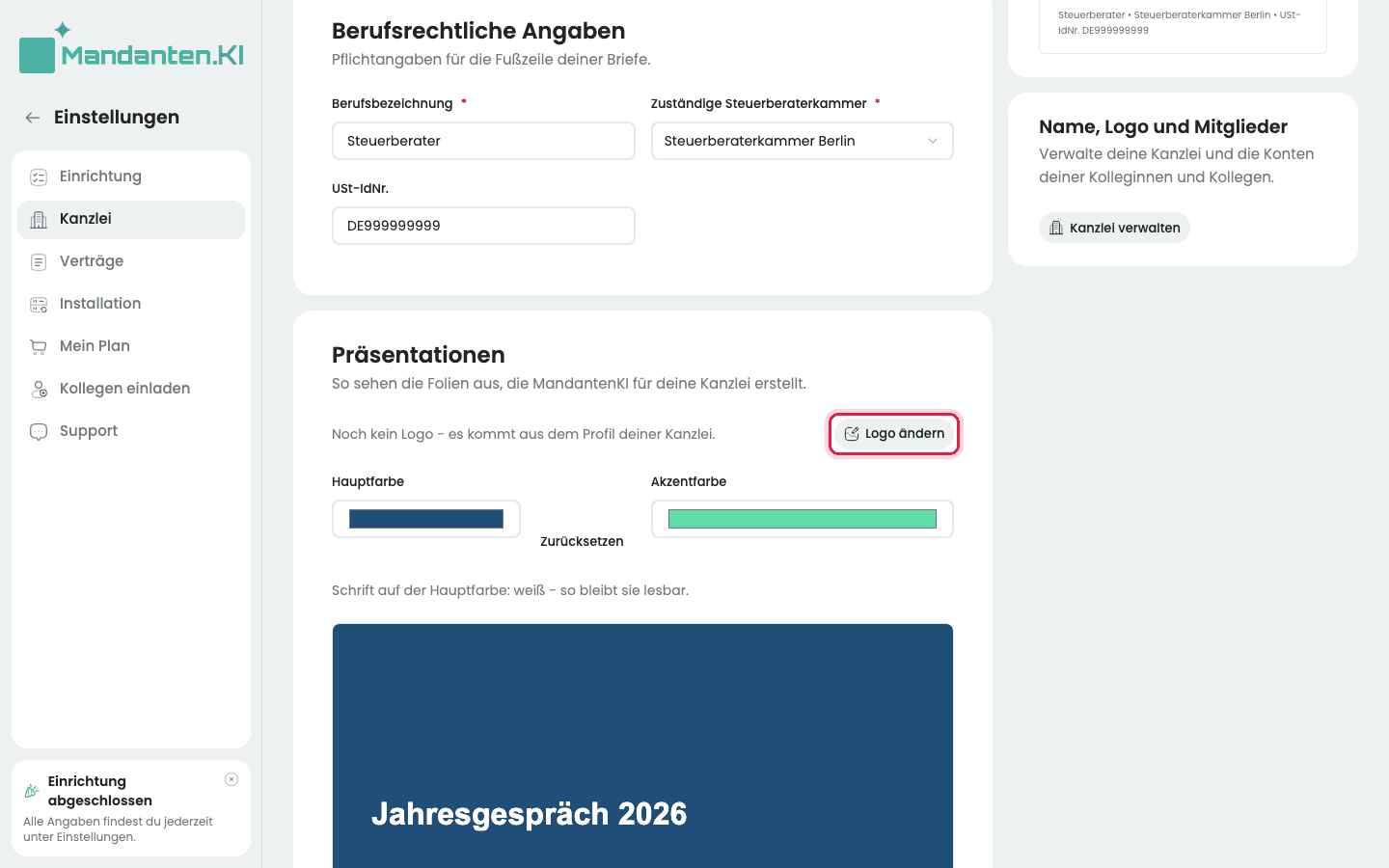 Abschnitt „Präsentationen“ mit dem markierten Knopf „Logo ändern“