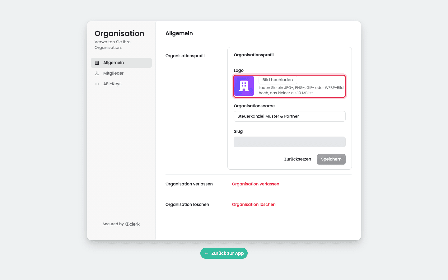 Formular „Organisationsprofil“ mit dem markierten Logo und dem Knopf „Bild hochladen“