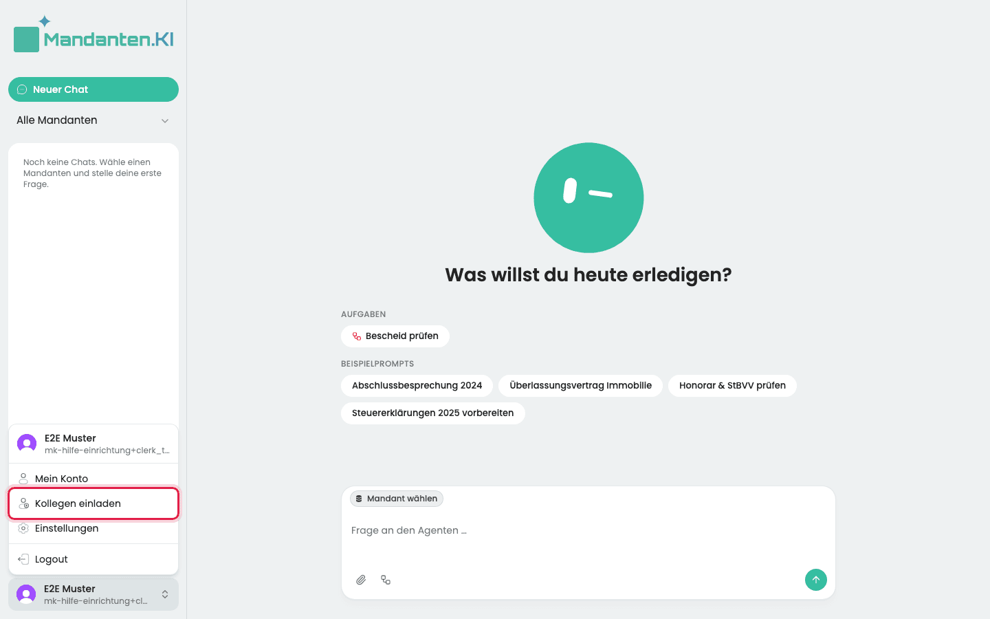 Geöffnetes Benutzermenü unten in der Seitenleiste mit dem markierten Eintrag „Kollegen einladen“