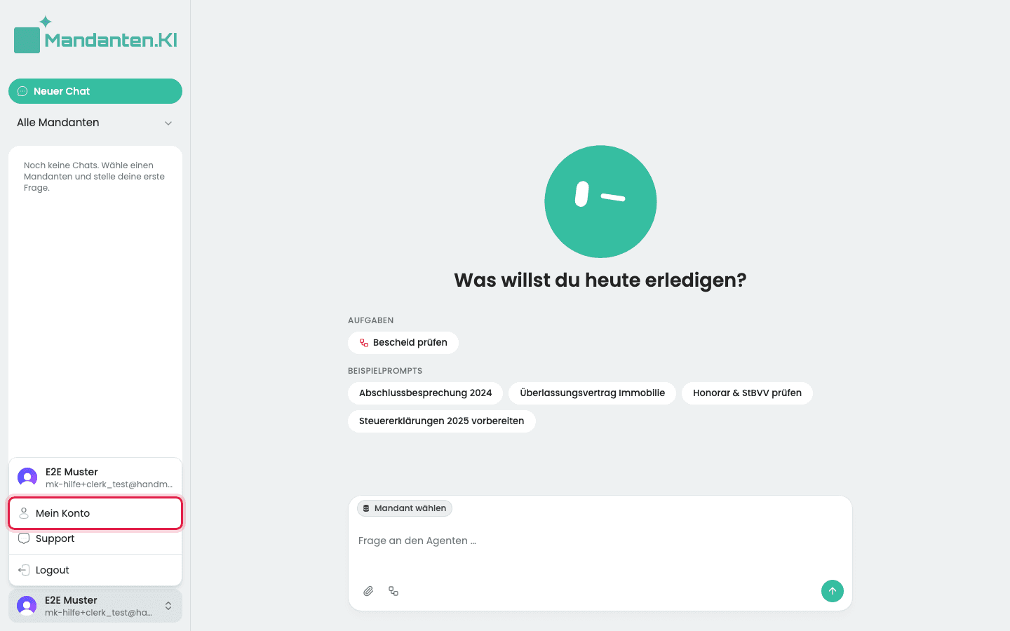 Geöffnetes Benutzermenü unten links mit dem markierten Eintrag „Mein Konto“