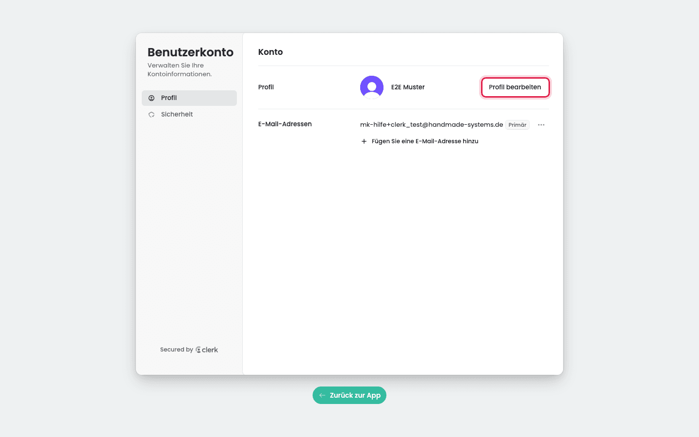 Seite „Benutzerkonto“ mit Profil und E-Mail-Adresse, der Knopf „Profil bearbeiten“ ist markiert