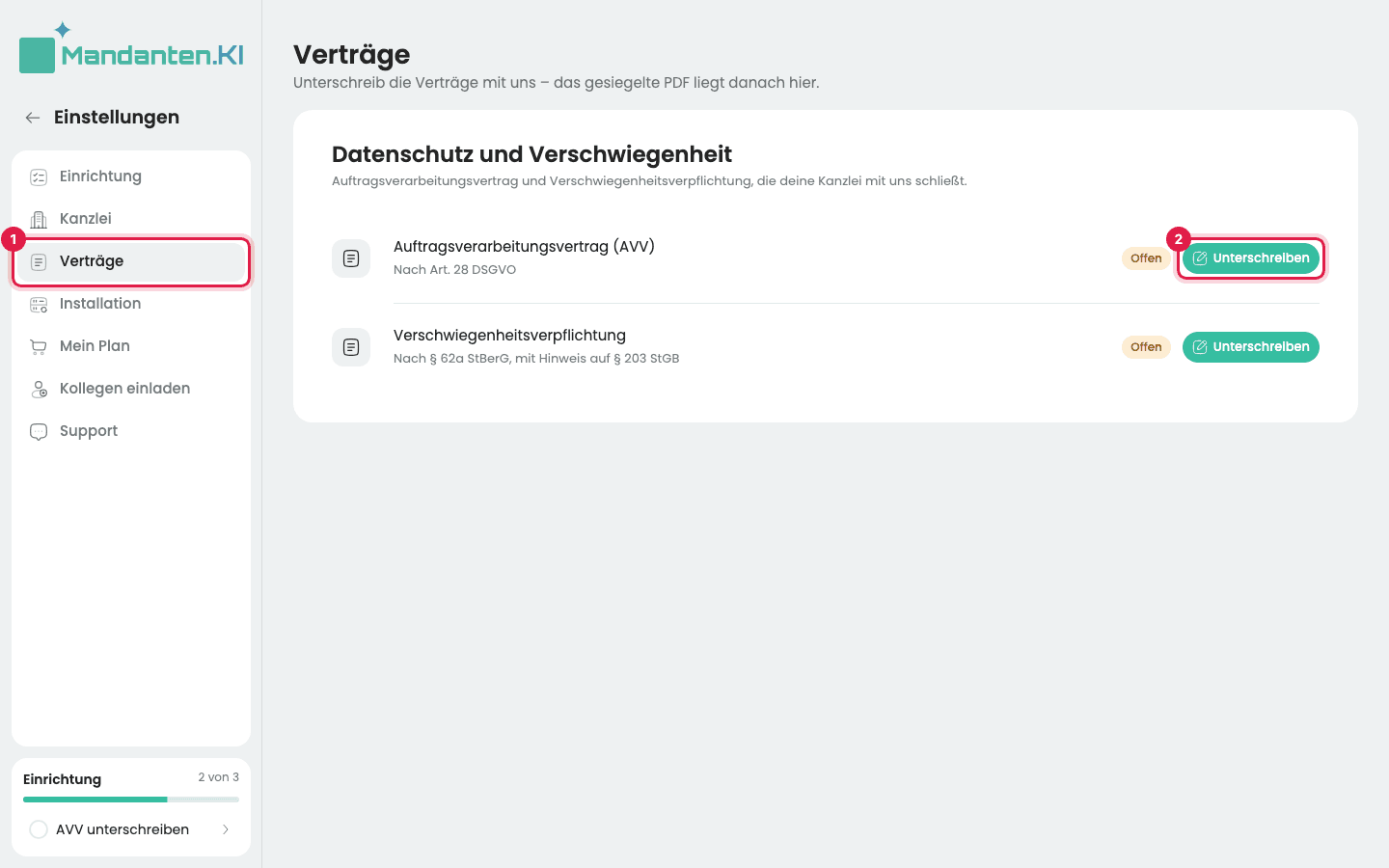 Seite „Verträge“ mit dem markierten Menüpunkt (1) und dem markierten Knopf „Unterschreiben“ beim Auftragsverarbeitungsvertrag (2)