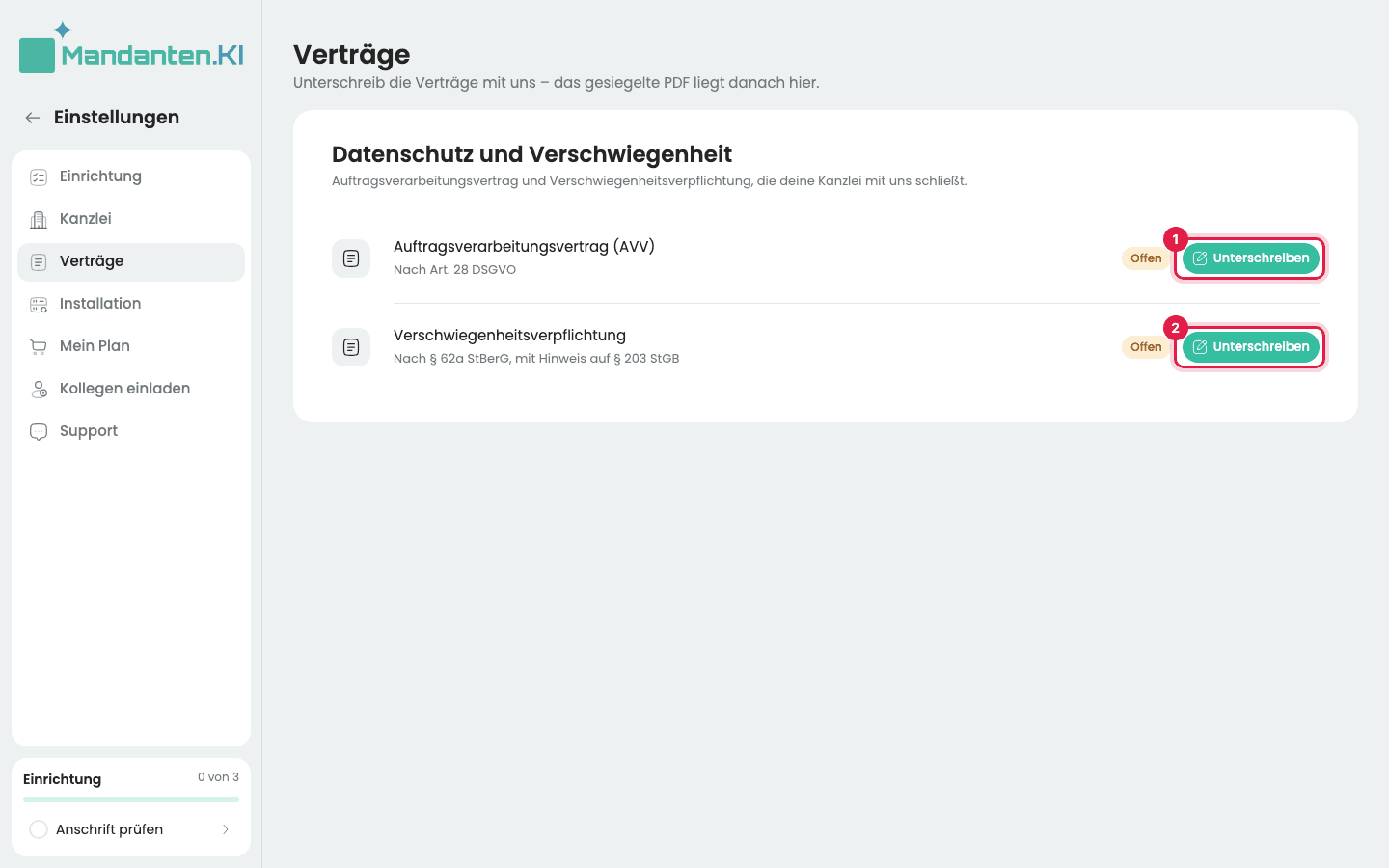 Seite „Verträge“ mit den beiden offenen Dokumenten und je einem Knopf „Unterschreiben“ (1) und (2)