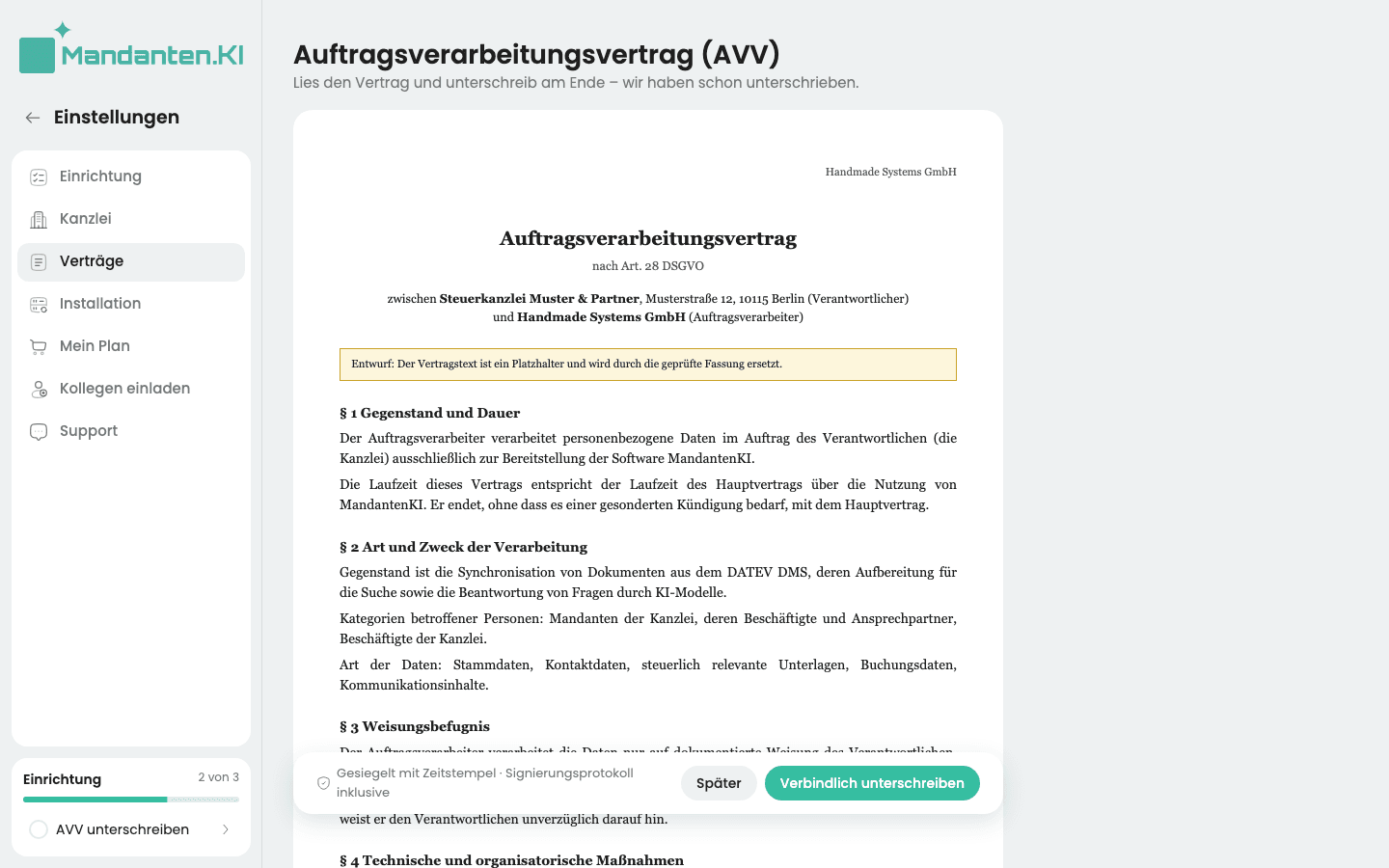 Der Auftragsverarbeitungsvertrag als A4-Seite, unten die Leiste mit „Später“ und „Verbindlich unterschreiben“