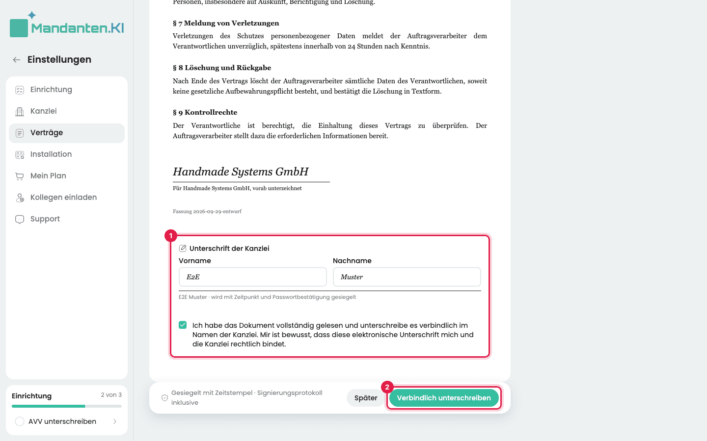 Feld „Unterschrift der Kanzlei“ mit Vorname, Nachname und angehakter Einwilligung (1) und der markierte Knopf „Verbindlich unterschreiben“ (2)