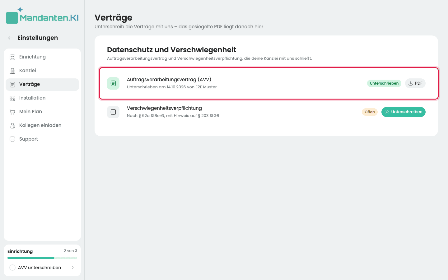Seite „Verträge“ mit der markierten Zeile des Auftragsverarbeitungsvertrags: „Unterschrieben“, Datum, Name und der Knopf „PDF“