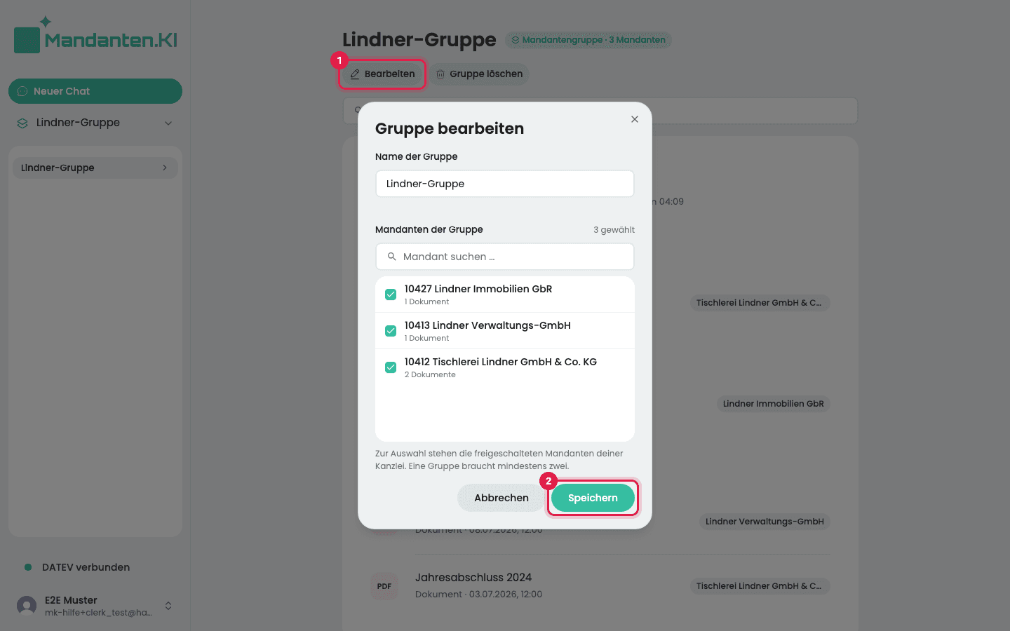 Dialog „Gruppe bearbeiten“, geöffnet über „Bearbeiten“ (1), mit dem Knopf „Speichern“ (2)