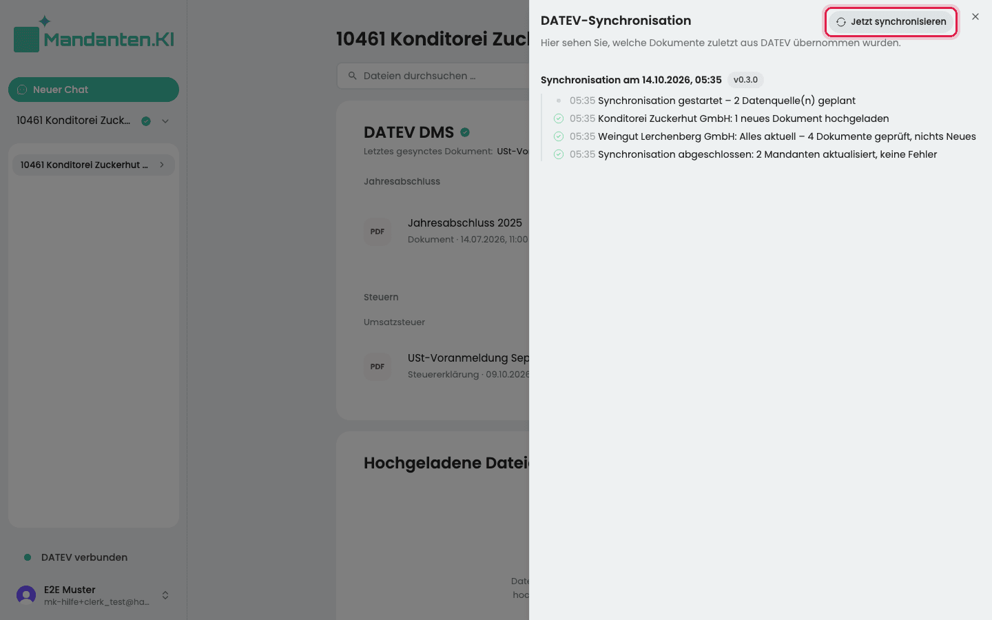 Bereich „DATEV-Synchronisation“ mit dem letzten Abgleich und dem markierten Knopf „Jetzt synchronisieren“