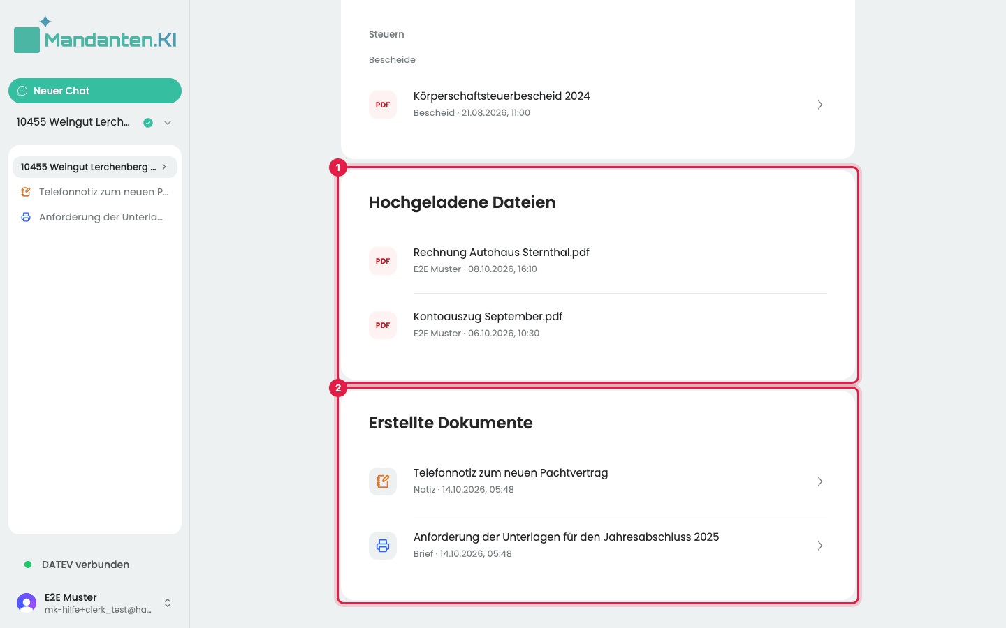 Abschnitte „Hochgeladene Dateien“ mit zwei Dateien (1) und „Erstellte Dokumente“ mit einer Notiz und einem Brief (2)
