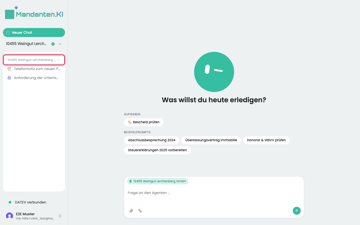 Seitenleiste mit dem markierten Eintrag „10455 Weingut Lerchenberg GmbH“ über den Dokumenten des Mandanten