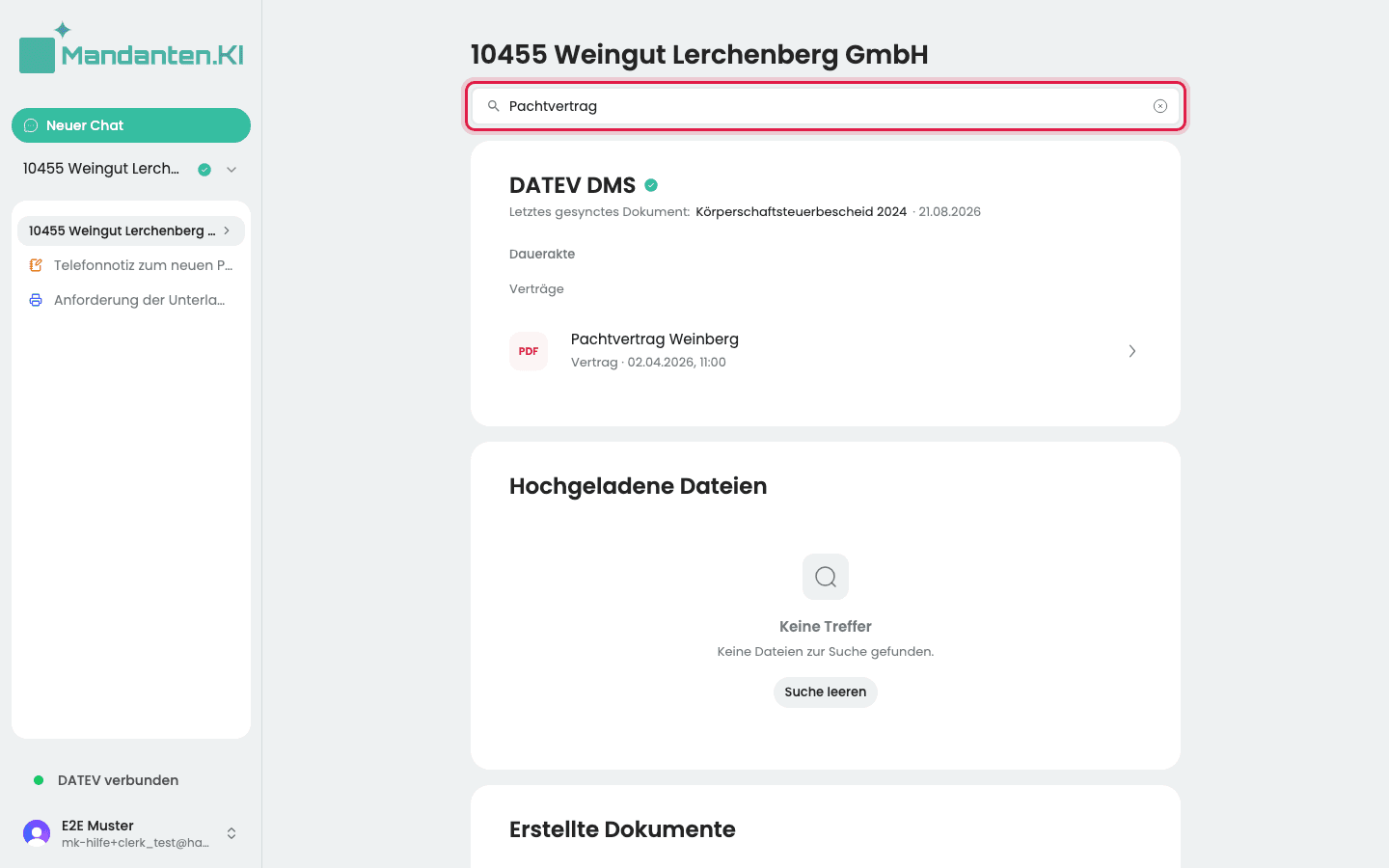 Mandantenseite mit dem Suchbegriff „Pachtvertrag“ im markierten Suchfeld, darunter ein Treffer im DATEV DMS und „Keine Treffer“ bei den hochgeladenen Dateien