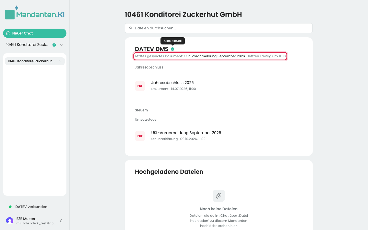 Kopf des Abschnitts „DATEV DMS“ mit dem Hinweis „Alles aktuell“ am Häkchen und der markierten Zeile „Letztes gesynctes Dokument“