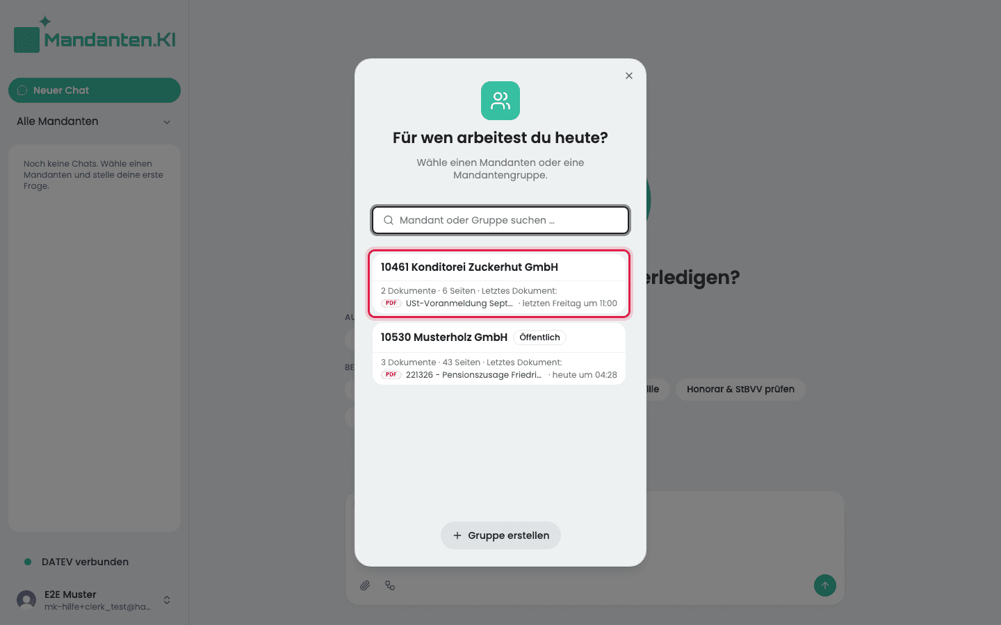 Mandantenwahl mit der markierten Karte von „10461 Konditorei Zuckerhut GmbH“: zwei Dokumente, sechs Seiten und das letzte Dokument
