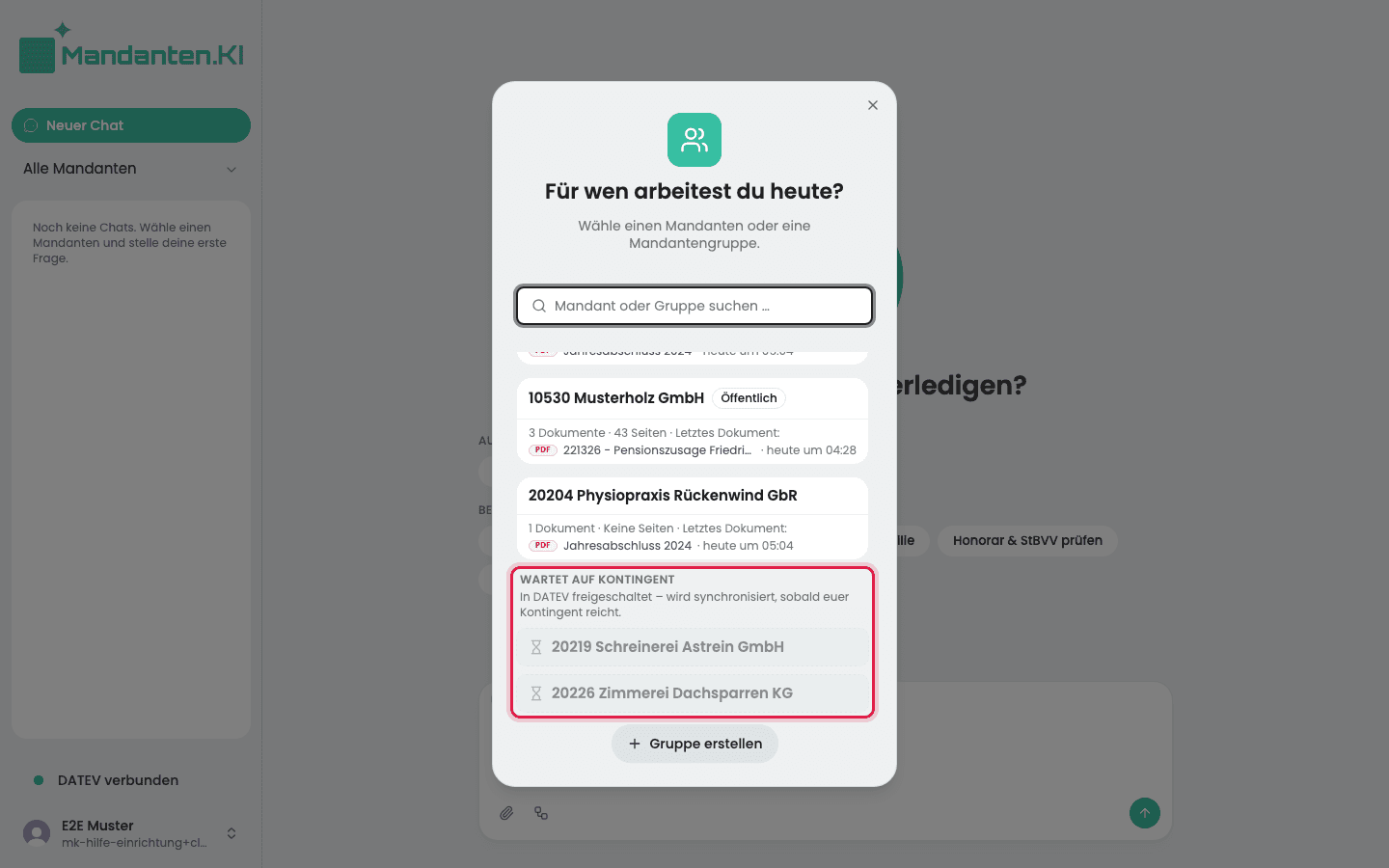 Mandantenwahl mit dem markierten Abschnitt „Wartet auf Kontingent“ und zwei ausgegrauten Mandanten