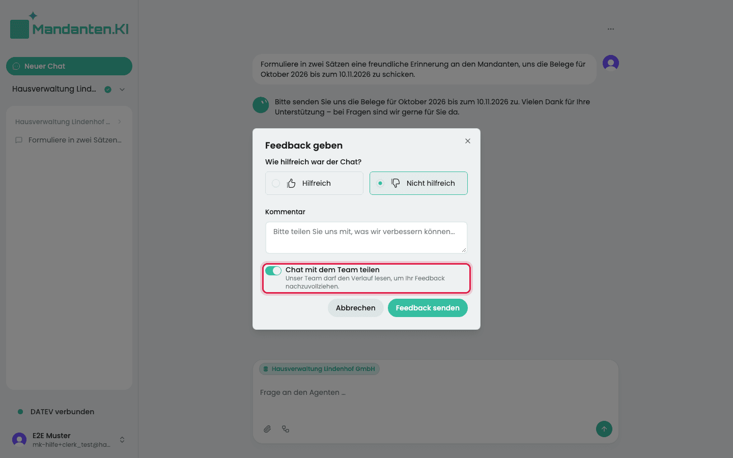 Dialog „Feedback geben“ mit dem markierten, eingeschalteten Schalter „Chat mit dem Team teilen“