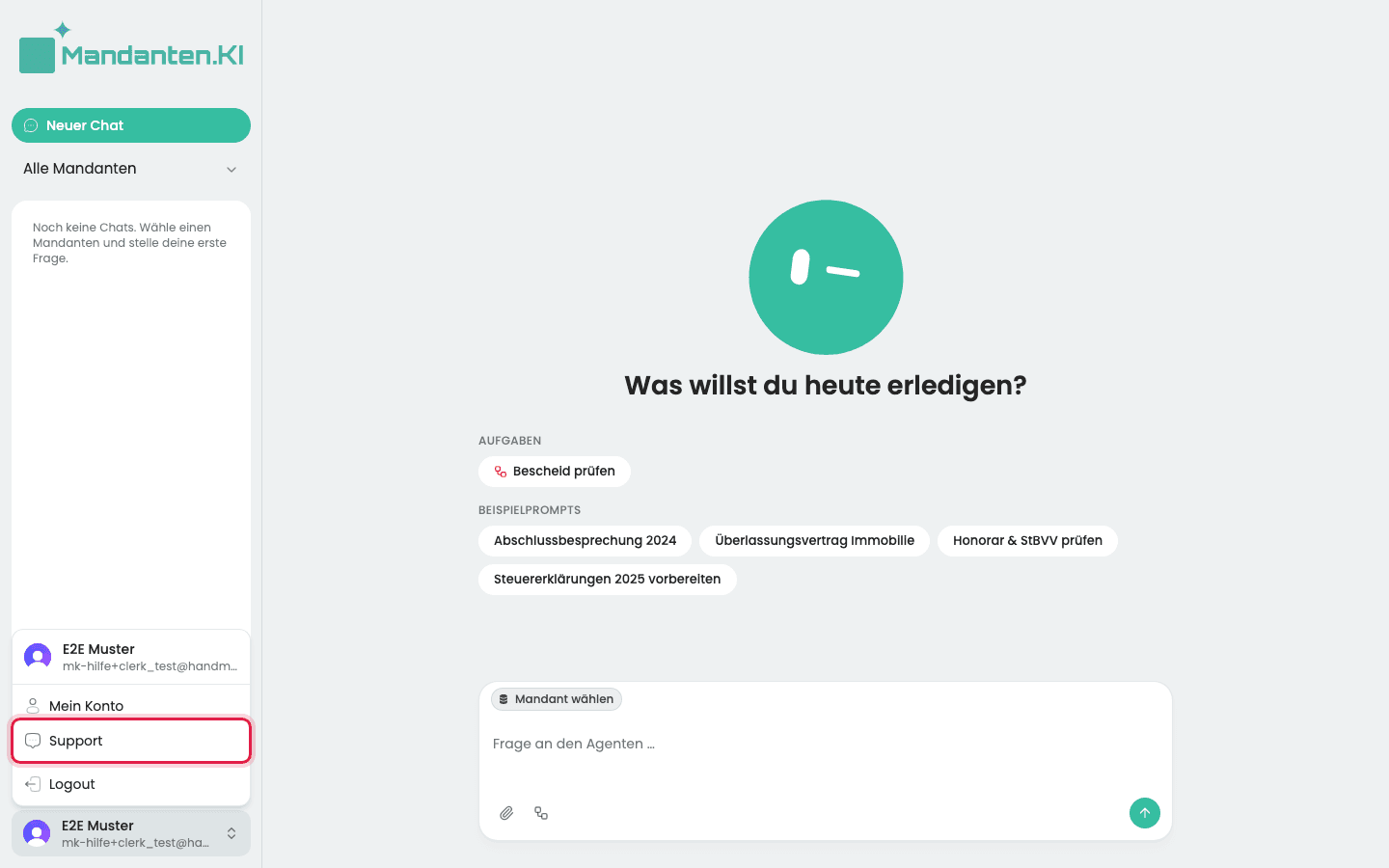 Geöffnetes Benutzermenü unten links in der Seitenleiste mit dem markierten Eintrag „Support“
