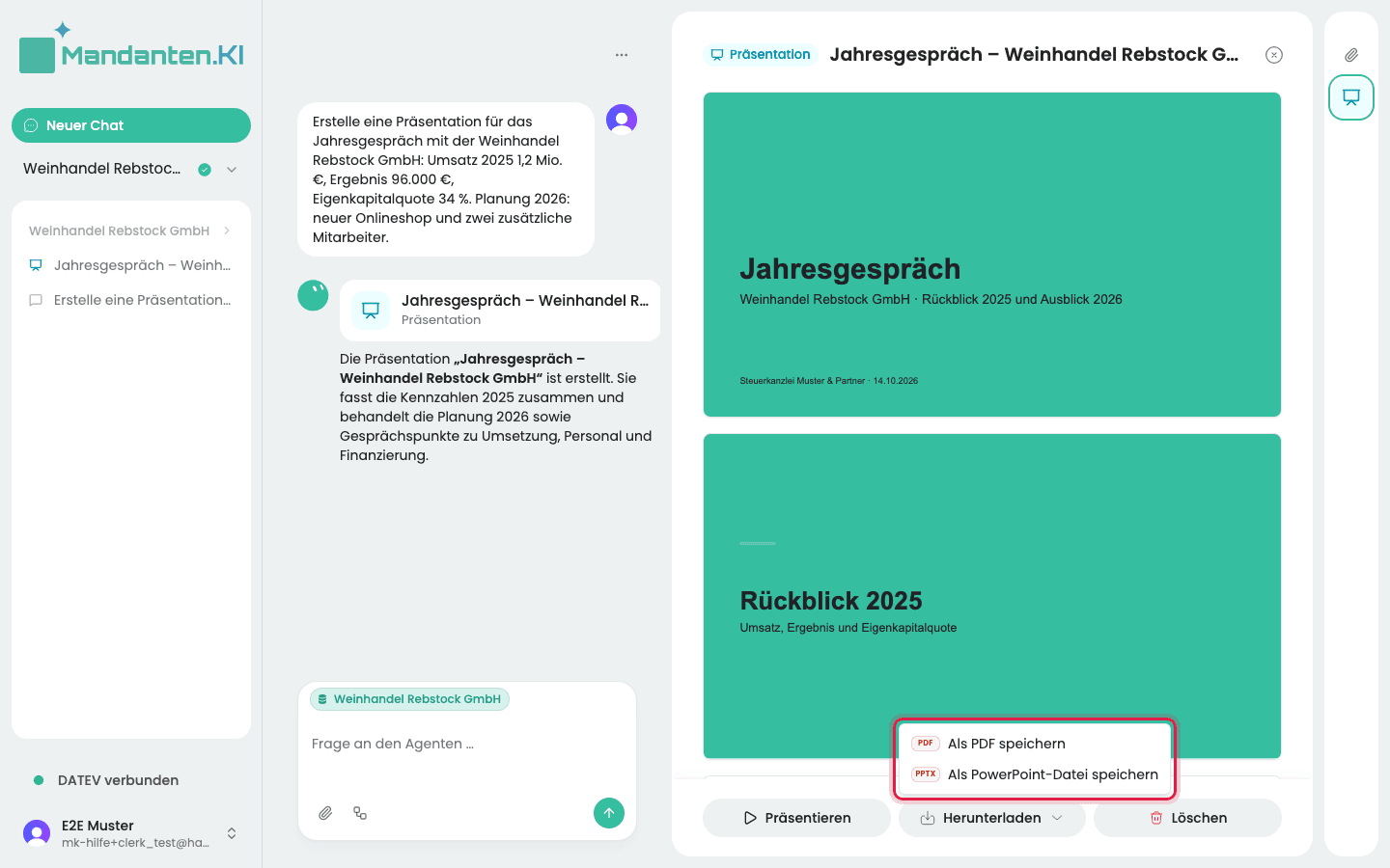 Geöffnetes Menü über dem Knopf „Herunterladen“, markiert: „Als PDF speichern“ und „Als PowerPoint-Datei speichern“