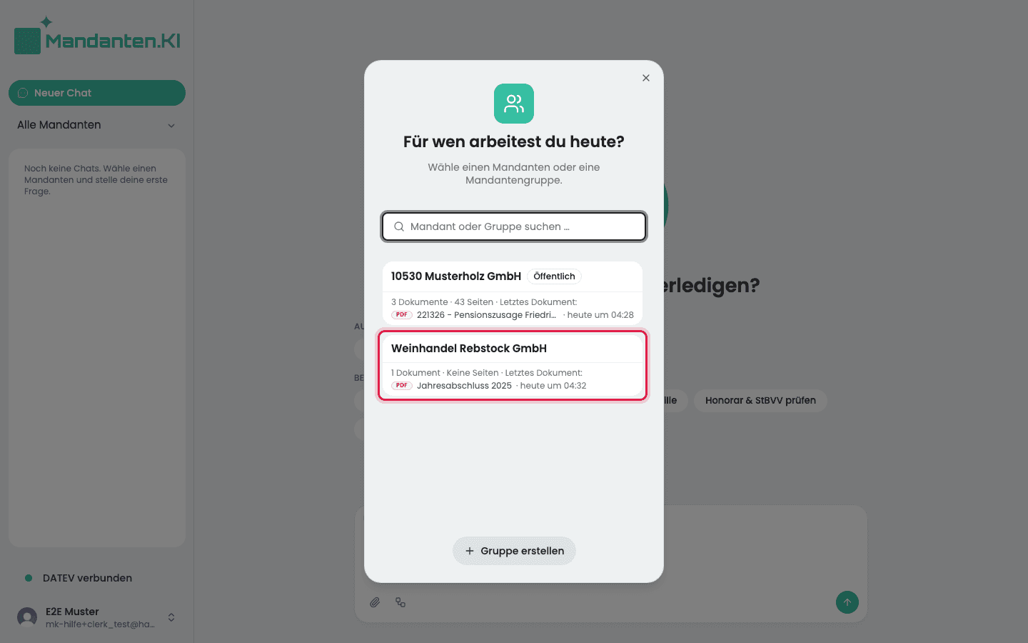 Mandantenwahl „Für wen arbeitest du heute?“ mit dem markierten Mandanten