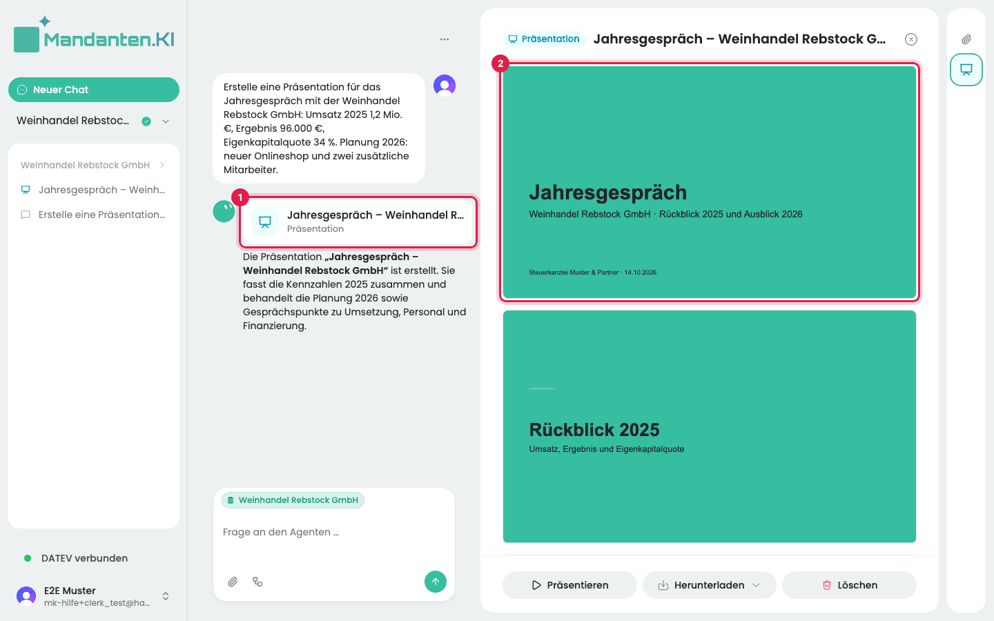 Chat mit der Karte der Präsentation (1) und rechts daneben die Folien, vorn das Deckblatt (2)