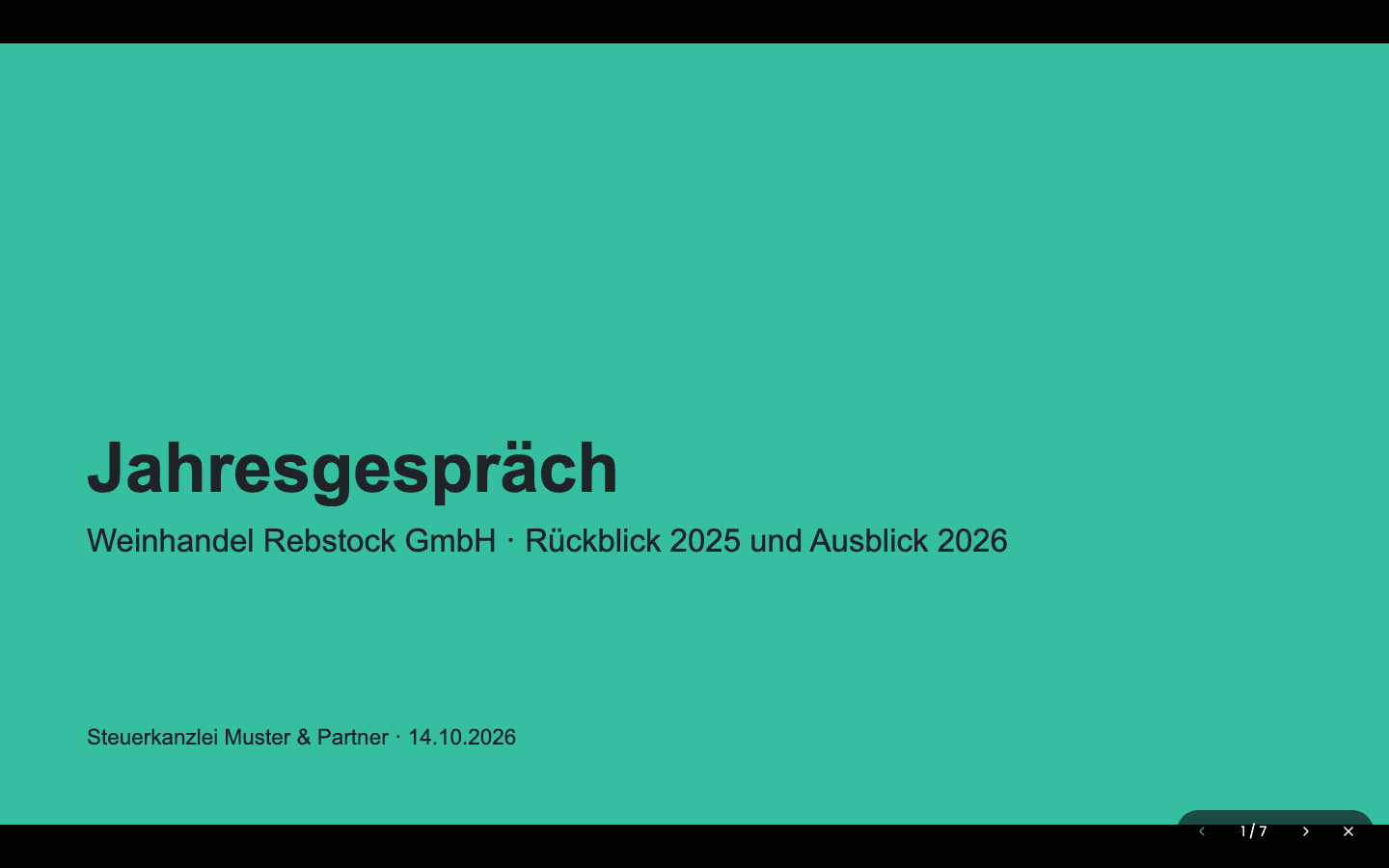 Deckblatt der Präsentation im Vollbild; unten rechts die Nummer der Folie, die Pfeile zum Blättern und das X zum Beenden