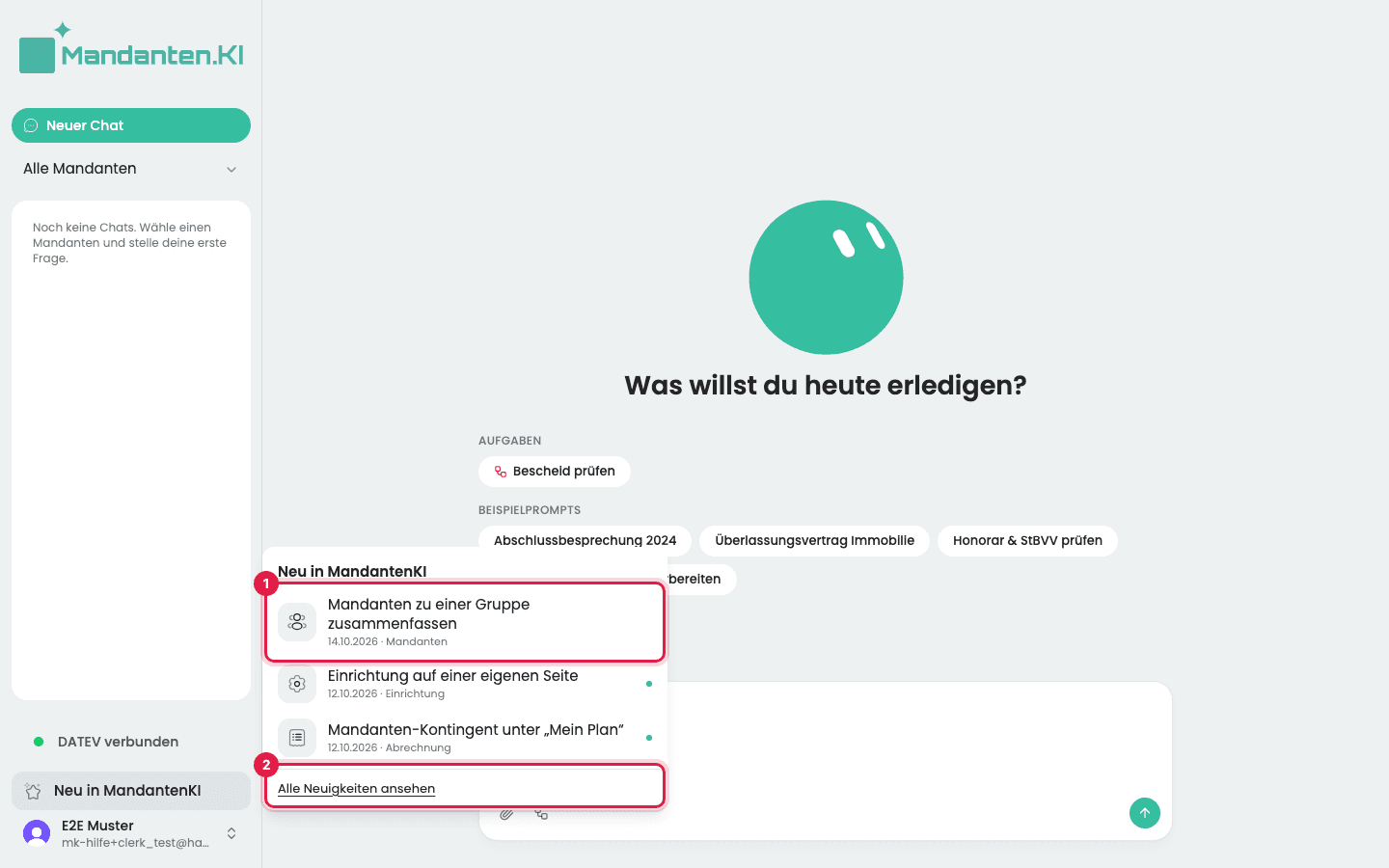 Geöffnete Liste „Neu in MandantenKI“ mit den neuesten Einträgen, einem markierten Eintrag (1) und „Alle Neuigkeiten ansehen“ (2)