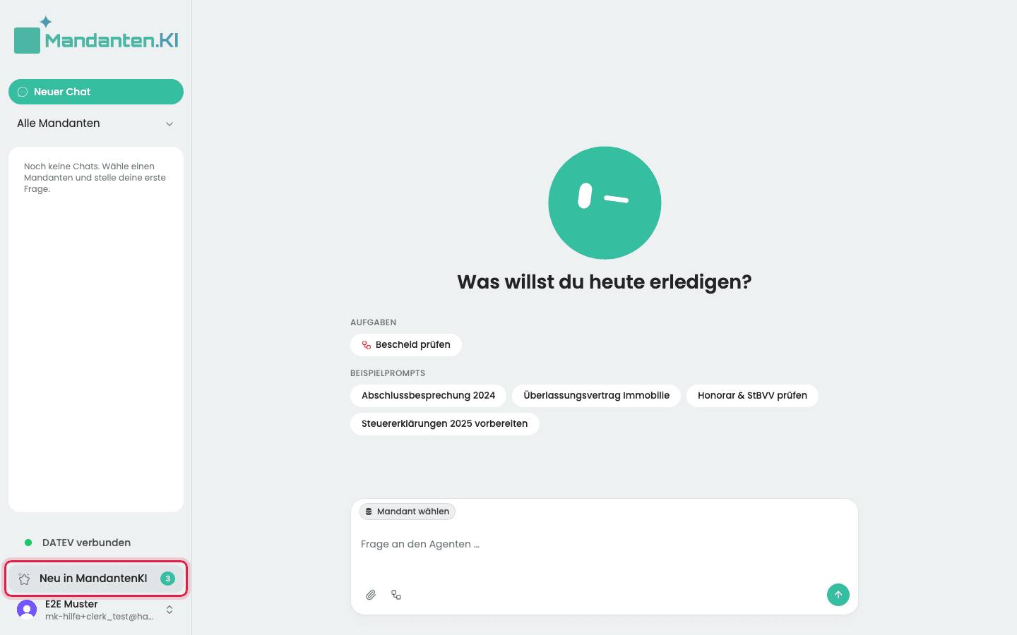 Seitenleiste mit der markierten Zeile „Neu in MandantenKI“ und der Zahl der neuen Einträge